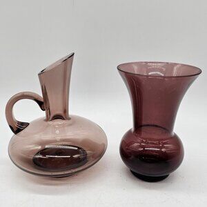 Pair Of Small Amethyst Cranberry Glass Pitcher And Vase Vintage Boho Country...